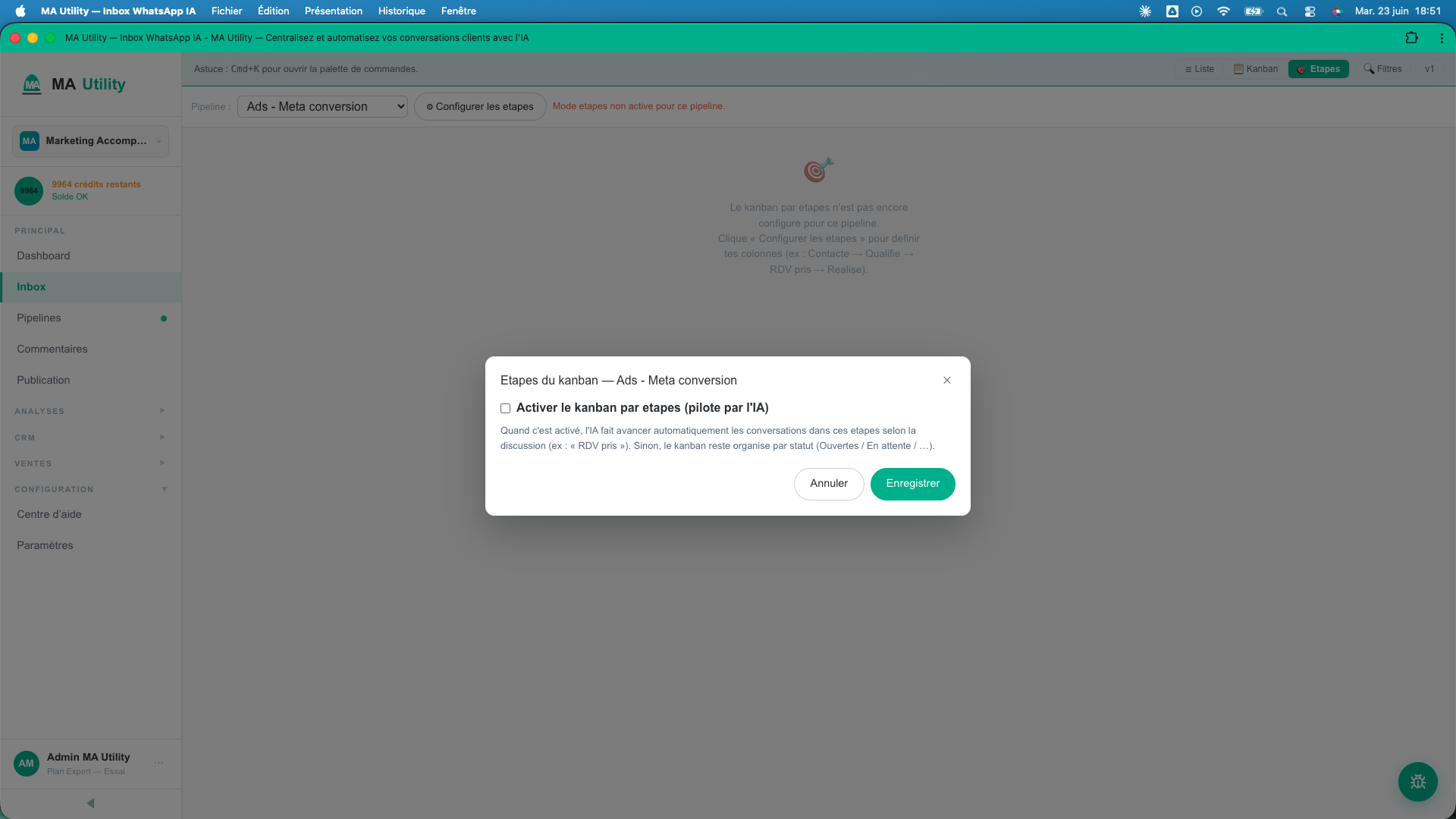 La configuration des étapes du Kanban, piloté par l'IA