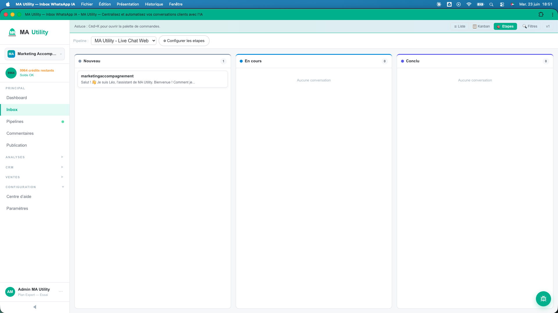 La vue Étapes de l'inbox, colonnes par étape de pipeline