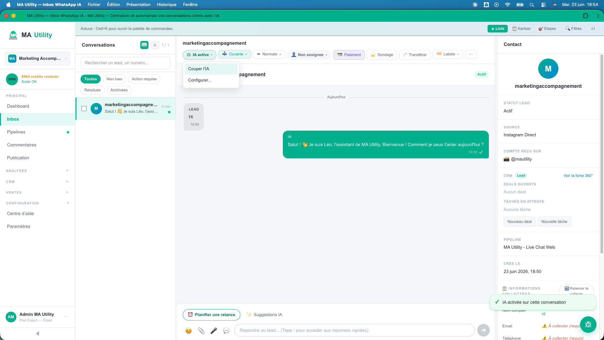 Le menu du badge IA d'une conversation