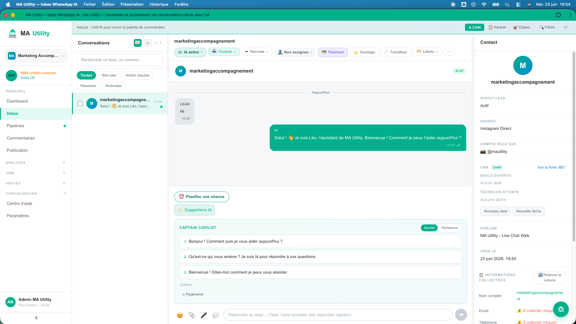 Le panneau Suggestions IA (Captain Copilot) avec 3 propositions de réponse