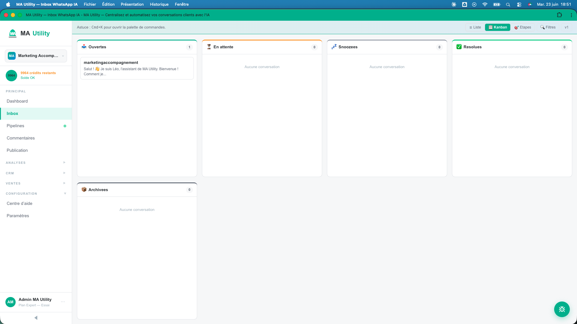 La vue Kanban de l'inbox, conversations en colonnes par statut