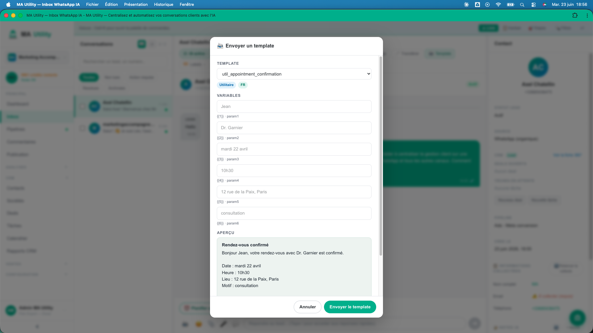 La fenêtre d'envoi d'un template WhatsApp avec ses variables et l'aperçu